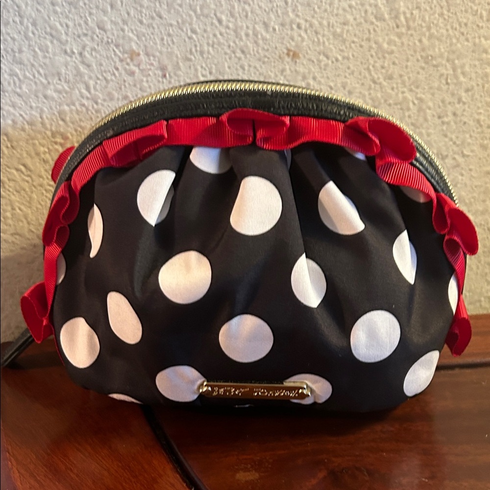 Betsey Johnson Black and White Polka Dot Cosmetic Bag with Red Trim